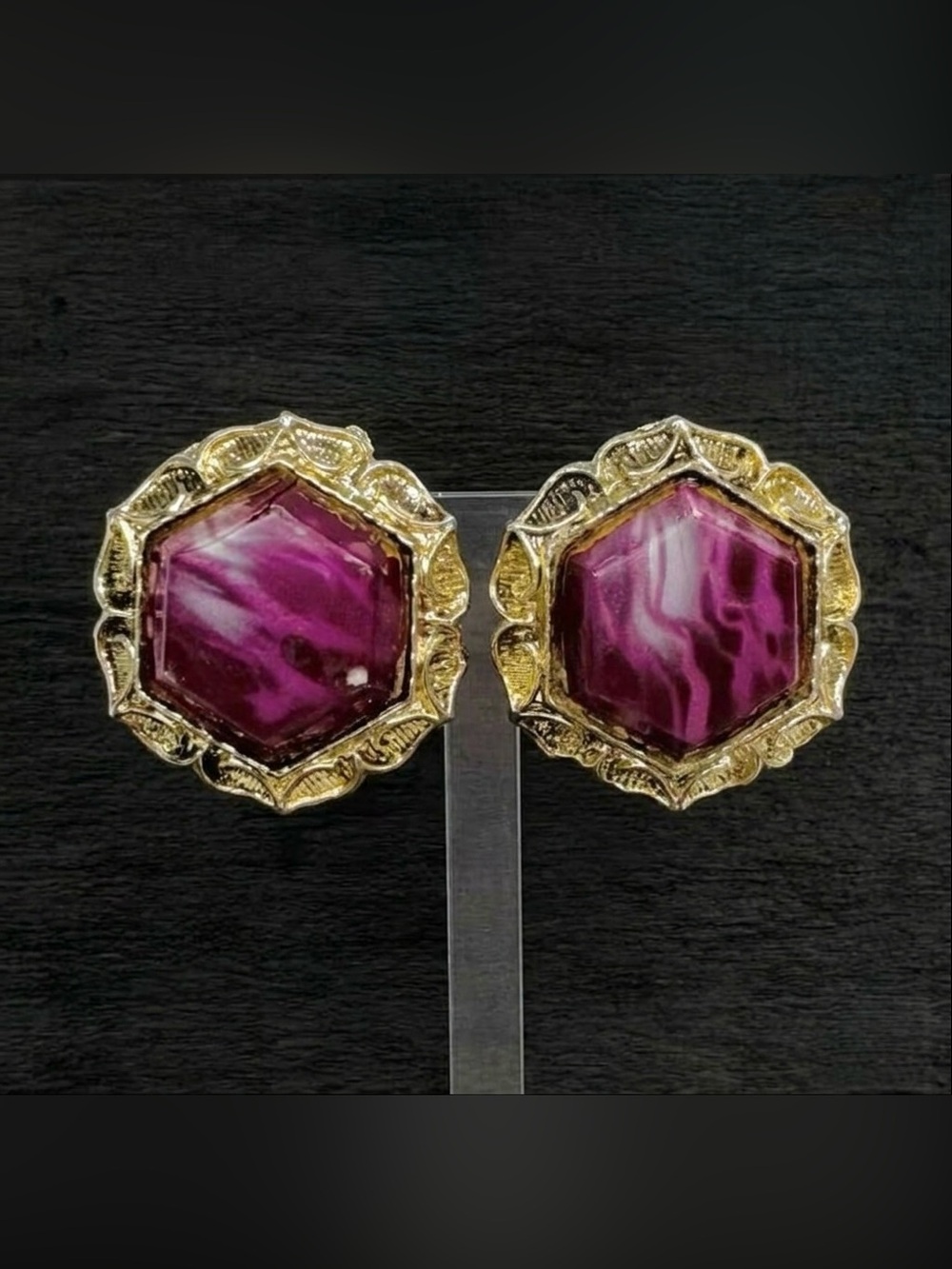 Vintage 70s Victorian Revival Purple Faux Agate Hexagon Clip On Earrings